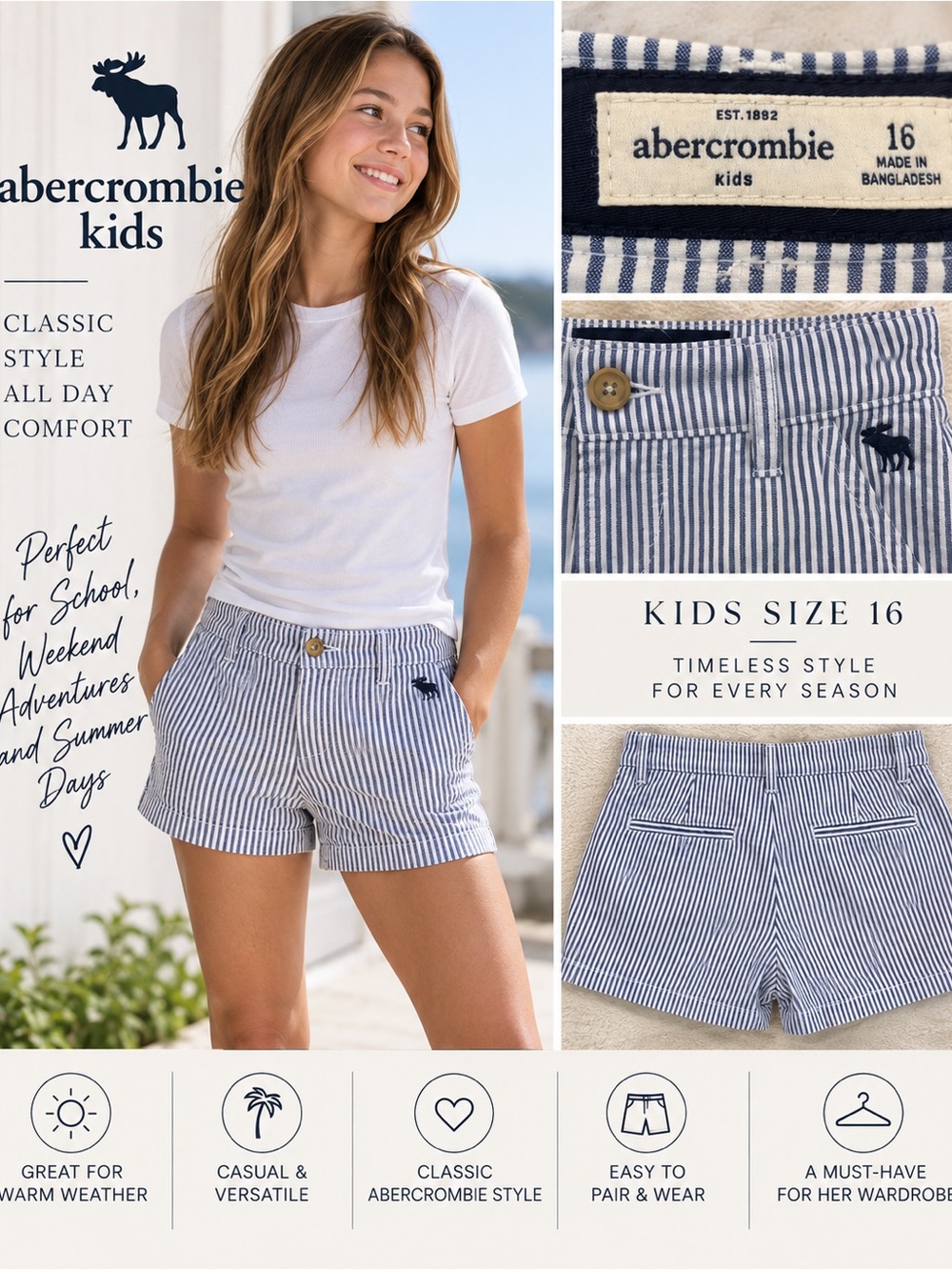 Abercrombie Kids Girls Seersucker Striped Shorts Size 16 Blue White
